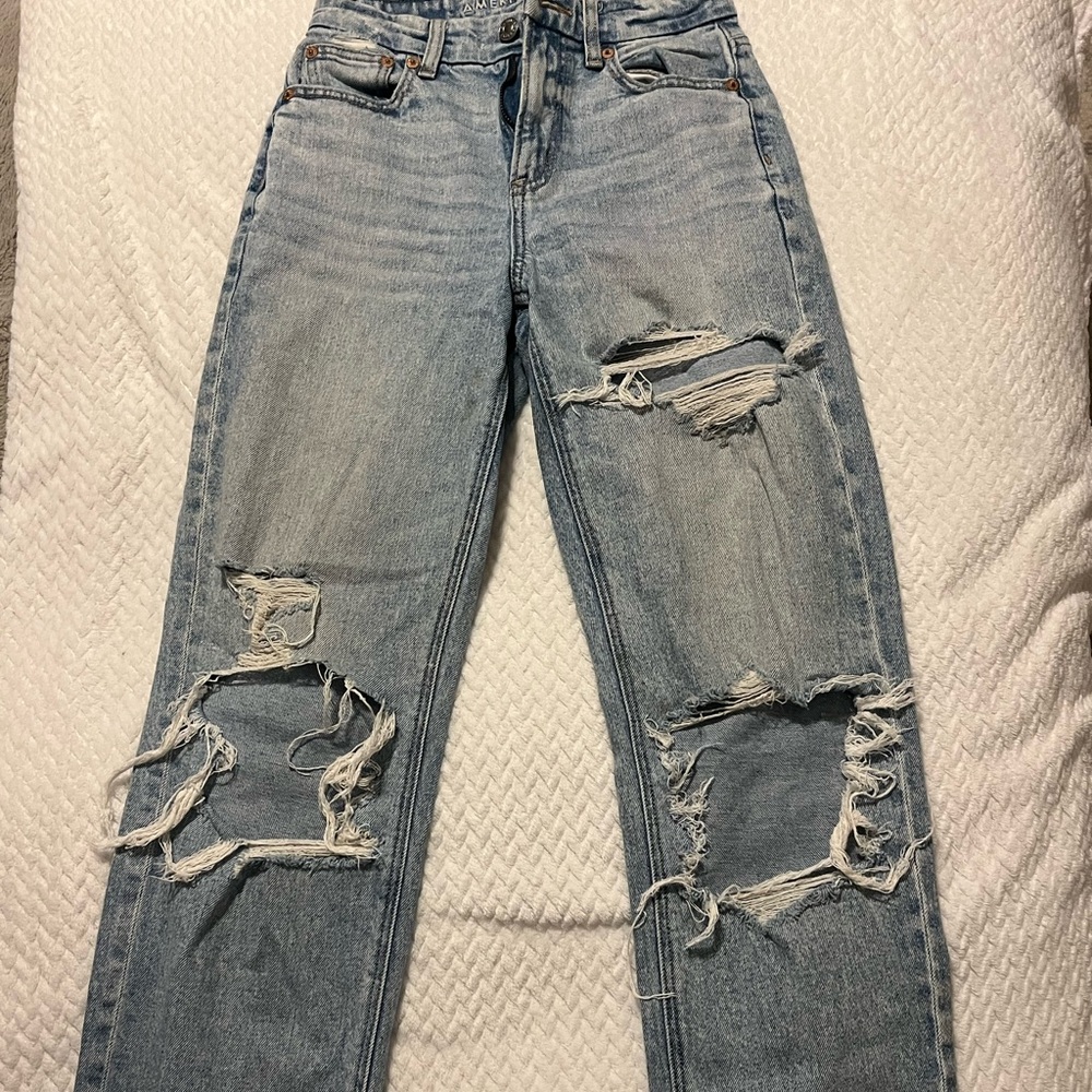 American Eagle Outfitters Ripped Light Blue Straight Leg Jeans